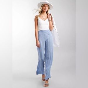 Billabong Daybreak Wide Leg Pants Medium Blue Stripe Crinkly Textured Smocked